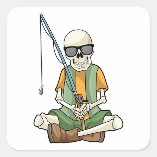 Sticker Carré Squelette à la pêche avec canne à pêche (Devant)