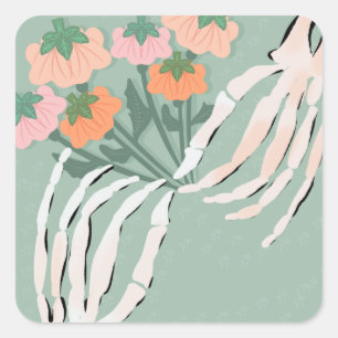 Sticker Carré Squelette avec bouquet de citrouilles