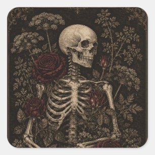 Sticker Carré Squelette Botanique Gothique Gravure Victorienne B