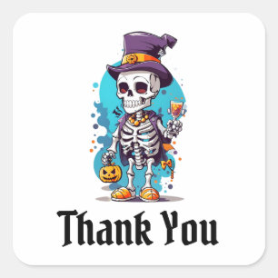 Sticker Carré Squelette cool dans un haut chapeau Halloween Merc