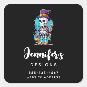 Sticker Carré Squelette cool dans un Top Hat Halloween affaires