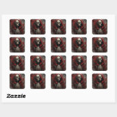 Sticker Carré Squelette dans un cap rouge avec fleurs (Feuille)