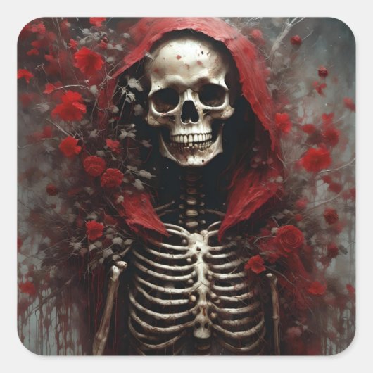 Sticker Carré Squelette dans un cap rouge avec fleurs (Devant)