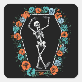 Sticker Carré Squelette gothique dansant Fleur de Cercueil Hallo
