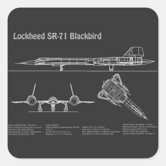 Sticker Carré SR-71 Blackbird - Plan directeur de l'avion PD (Devant)
