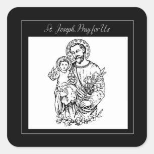 Sticker Carré St. Joseph Priez Pour Nous Noir, Blanc, Catholiqu