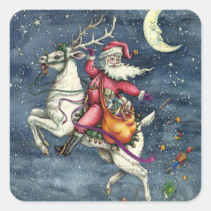 STICKER CARRÉ ST. NICK, RÉINDEUR BLANC VOL, MAGIE DE NOËL
