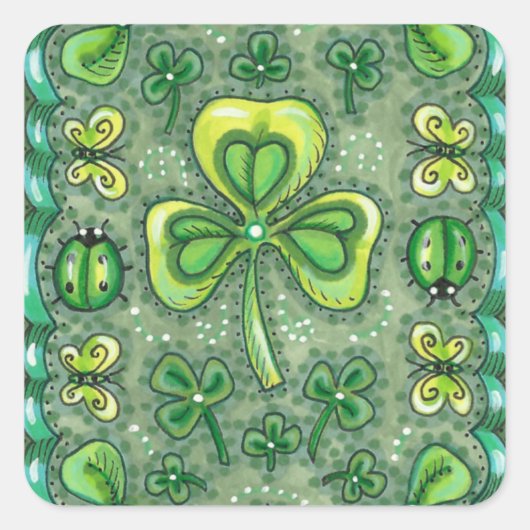 STICKER CARRÉ ST. PATRICK'S DAY FOLK ART SHAMROCKS N'LADYBUGS (Devant)