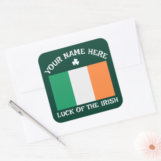 Sticker Carré St Patrick's Day Ireland Flag Custom Name Shamrock (Enveloppe)