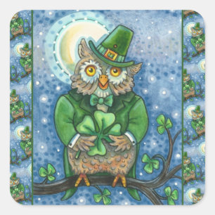 STICKER CARRÉ ST. PATRICK'S DAY OWL, 4 HORLOGE LEPRECHAUN