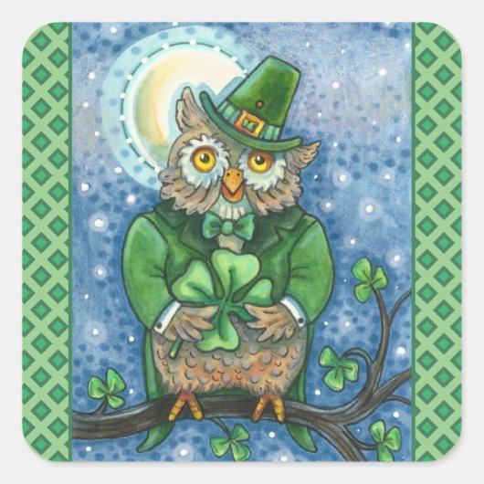 STICKER CARRÉ ST. PATRICK'S DAY OWL, 4 HORLOGE LEPRECHAUN (Devant)