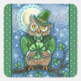 STICKER CARRÉ ST. PATRICK'S DAY OWL, 4 HORLOGE LEPRECHAUN