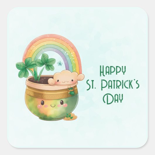 Sticker Carré St. Patrick's Day Whimsical Arc-en-ciel et trèfle (Devant)