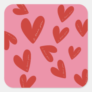 Sticker Carré St Valentin Écriture Cœurs Rouges & Roses Modernes