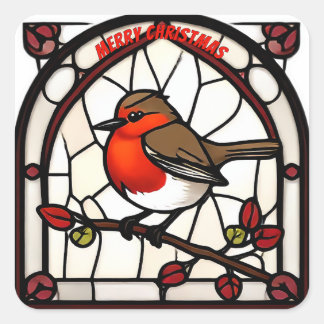 Sticker Carré Stained Glass Robin Redbreast "Merry Christmas"