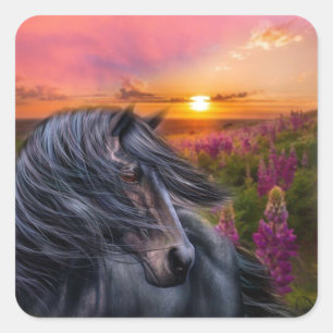 Sticker Carré Stallion noir sauvage Cheval Imaginaire Art