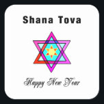 Sticker Carré Star juive Shana Tova<br><div class="desc">Le Shana Tova Jewish Star est décoré de vitraux de style hébraïque Star de David et de salutations ensoleillées pour un Joyeux Nouvel An.</div>