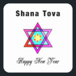 Sticker Carré Star juive Shana Tova<br><div class="desc">Le Shana Tova Jewish Star est décoré de vitraux de style hébraïque Star de David et de salutations ensoleillées pour une Bonne Année.</div>