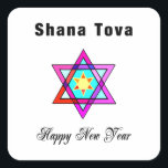 Sticker Carré Star juive Shana Tova<br><div class="desc">Le Shana Tova Jewish Star est décoré de vitraux de style hébraïque Star de David et de salutations ensoleillées pour une Bonne Année.</div>