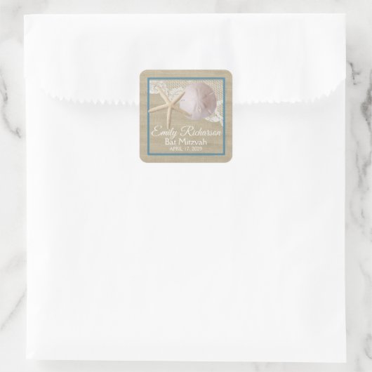 Sticker Carré Starfish and Sand Dollar Burlap Beach Bat mitzvah (Sac)