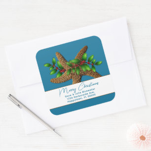 Sticker Carré Starfish n Holly Blue Christmas Adresse de retour