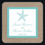 Sticker Carré Starfish Turquoise Burlap Beach Wedding Collection<br><div class="desc">L'étoile de mer turquoise sur la collection de mariages de plage de burlap est parfaite pour tout couple qui planifie un mariage romantique en bord de mer. L'arrière - plan rustique effet burlap donne à ces invitations une atmosphère boho-chic, tandis que le turquoise tropical a un coloris frais et cool...</div>