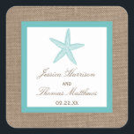 Sticker Carré Starfish Turquoise Burlap Beach Wedding Collection<br><div class="desc">L'étoile de mer turquoise sur la collection de mariages de plage de burlap est parfaite pour tout couple qui planifie un mariage romantique en bord de mer. L'arrière - plan rustique effet burlap donne à ces invitations une atmosphère boho-chic, tandis que le turquoise tropical a un coloris frais et cool...</div>
