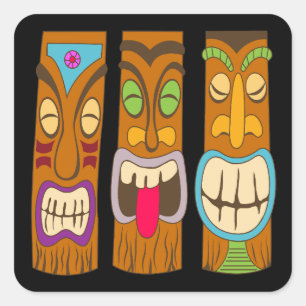 Sticker Carré Statues Tiki Joyeuses, Noir Drôle