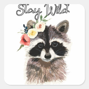 Sticker Carré Stay Wild - Jolie Raccoon portant une couronne de