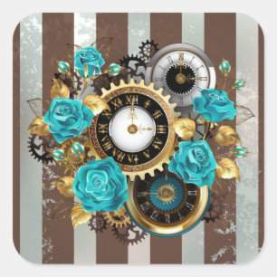Sticker Carré Steampunk Clock and Turquoise Roses on Striped