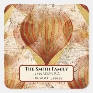 Sticker Carré Steampunk Hot Air Balloons Map Return Address