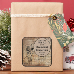 Sticker Carré Steampunk Inventeur Top Hat Personnalisé Événement