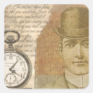 Sticker Carré Steampunk Man Pocket Watch Bowler Casquette