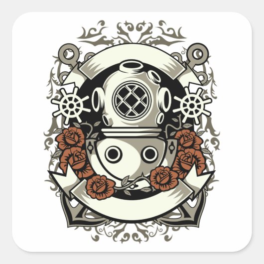 Sticker Carré Steampunk Victorian Deep Sea Diver Roses rouges (Devant)