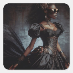 Sticker Carré Steampunk Vintage Victorian Lady Black Raven