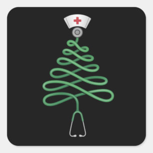 Sticker Carré Stethoscope Arbre de Noël Infirmière Scrub Xmas