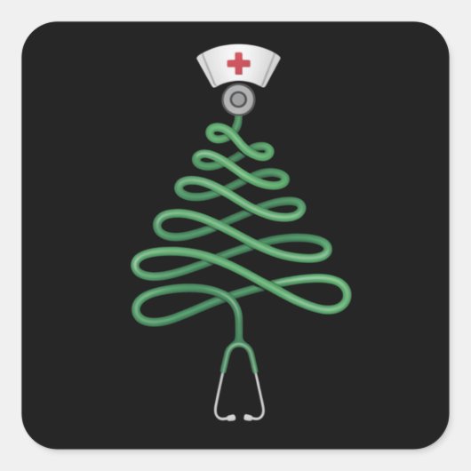 Sticker Carré Stethoscope Arbre de Noël Infirmière Scrub Xmas (Devant)