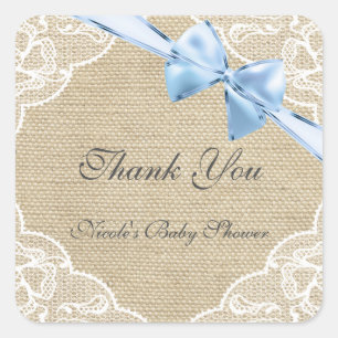 Sticker Carré Stick Baby shower Burlap Lace & Blue Bow