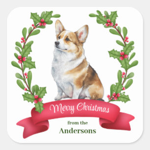Sticker Carré Stick Carré de Noël Holly Banner Corgi Chien