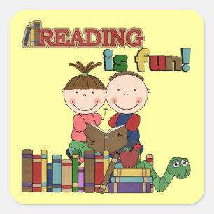 Sticker Carré Stick Figure Kids Reading is Fun