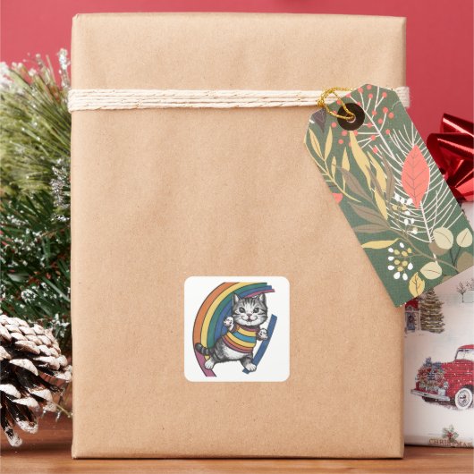 Sticker Carré Sticker. chat arc en ciel (vacances)