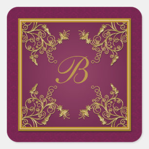 Sticker Carré Sticule Monogramme Vin Plum et or Floral Damask