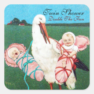 STICKER CARRÉ STORK TWIN BABY GIRL DOUCHE
