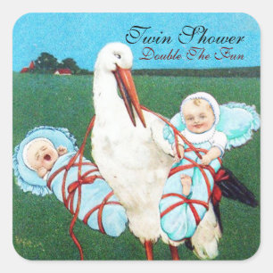 Sticker Carré STORK TWIN BÉBÉ DOUCHE GARÇON, bleu turquoise