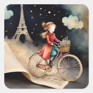 Sticker Carré Storybook Watercolor Paris Vélo