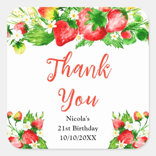 Sticker Carré Strawberries and Daisies Birthday Thank You (Devant)