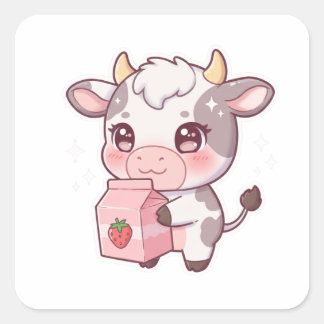 Sticker Carré Strawberry Milk Cow – Kawaii Vibes Only!