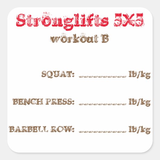 Sticker Carré Stronglifts 5x5 tracker - entraînement B (Devant)