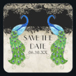 Sticker Carré Style Art Déco Peacock noir Enregistrer la date Sc<br><div class="desc">PALETTE DE COULEUR : noir, crème, tan, bleu aqua, bleu royal, vert, violet et or. COLLECTION DE DESIGN : Il s'agit de jumeler Save the Date Stickers ou Seals pour des enveloppes assorties ou pour utiliser sur des faveurs pour des réceptions et des douches nuptiales. Cette oeuvre est un mélange...</div>
