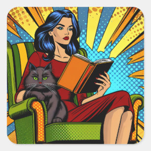 Sticker Carré Style comique Pop Art femme Lecture et chat